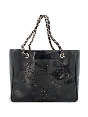 Chanel Tote CC Logo Black Perforated Leather Chain Business